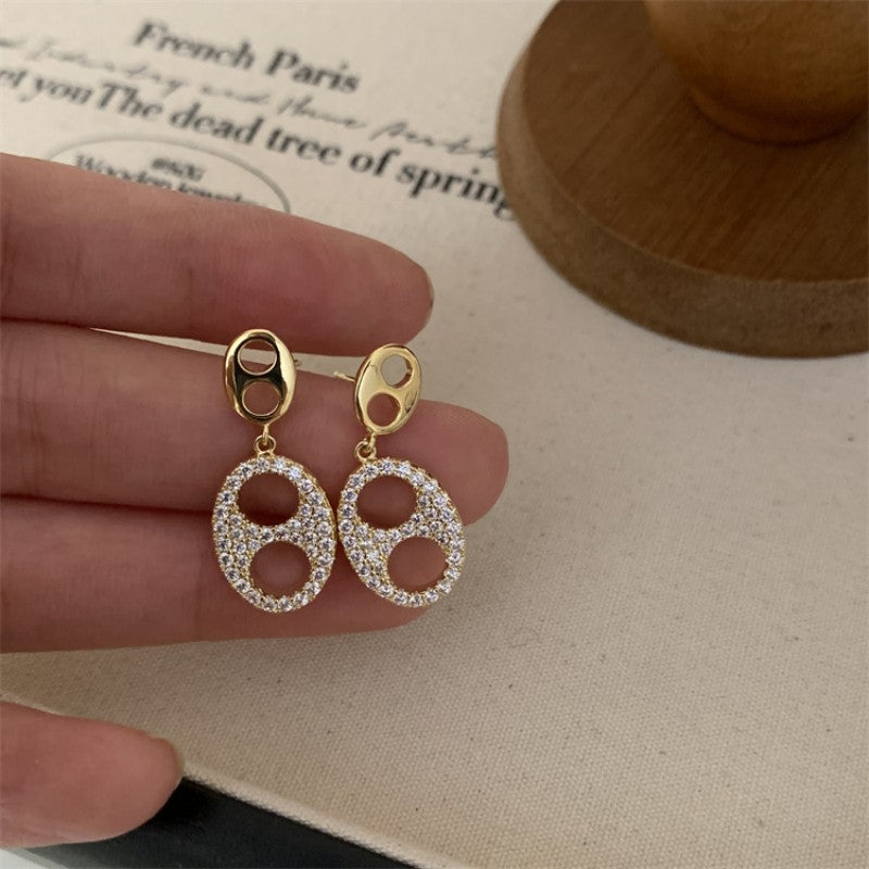 Light Luxury Double Full Diamond Niche Geometric Gold Sier Two-color Stud Earrings