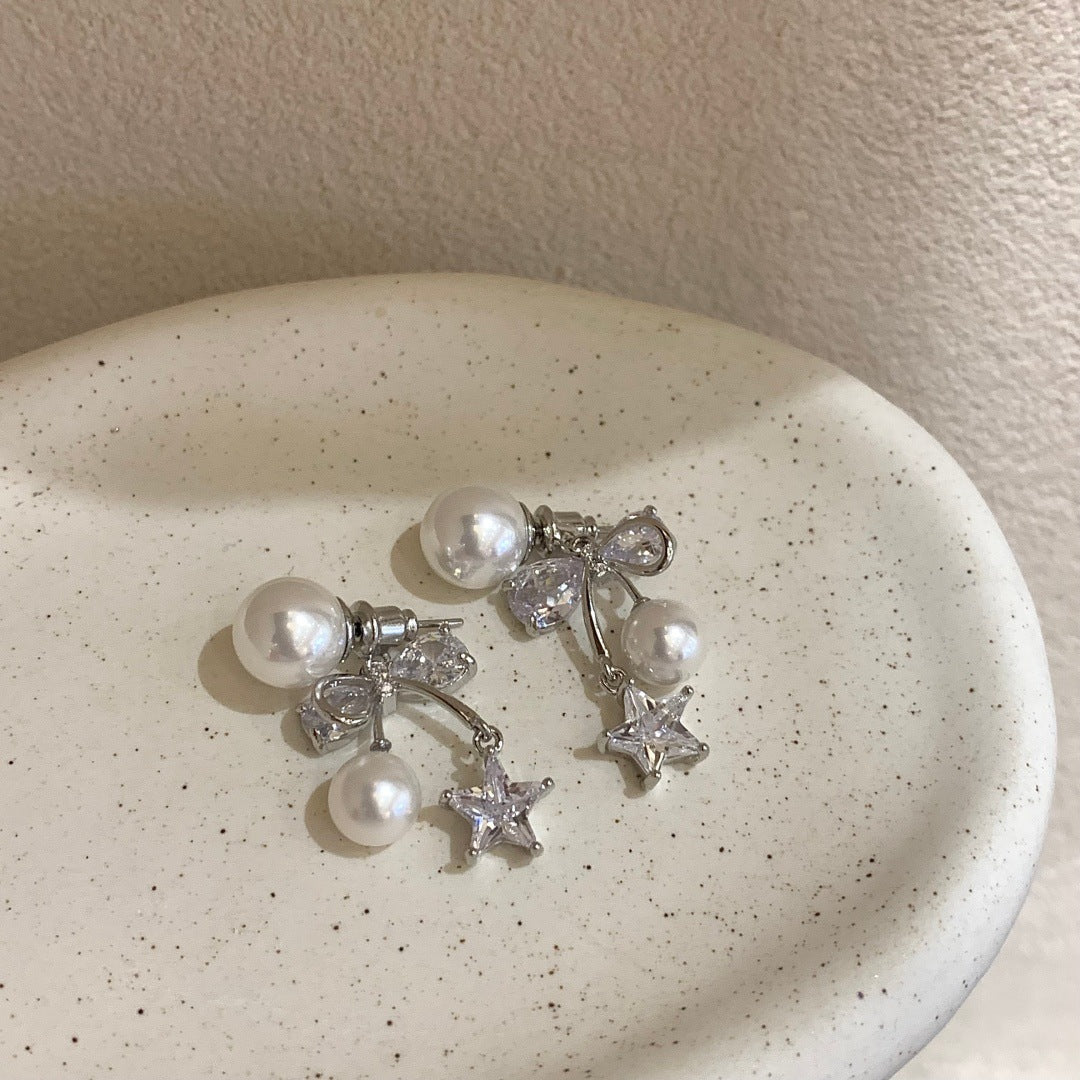 Women's Minority Design Zircon Pearl Bow Front Back Fashionable Earrings