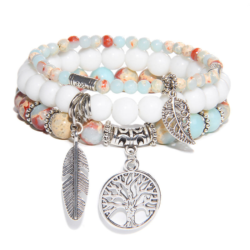 Women's Stone Bead Three-piece Tree Of Life Feather Vintage Bracelets