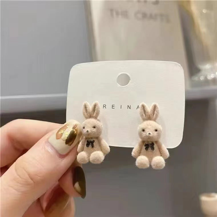 Sier Needle Korean Flocking Cute Bear Ear Simple Earrings