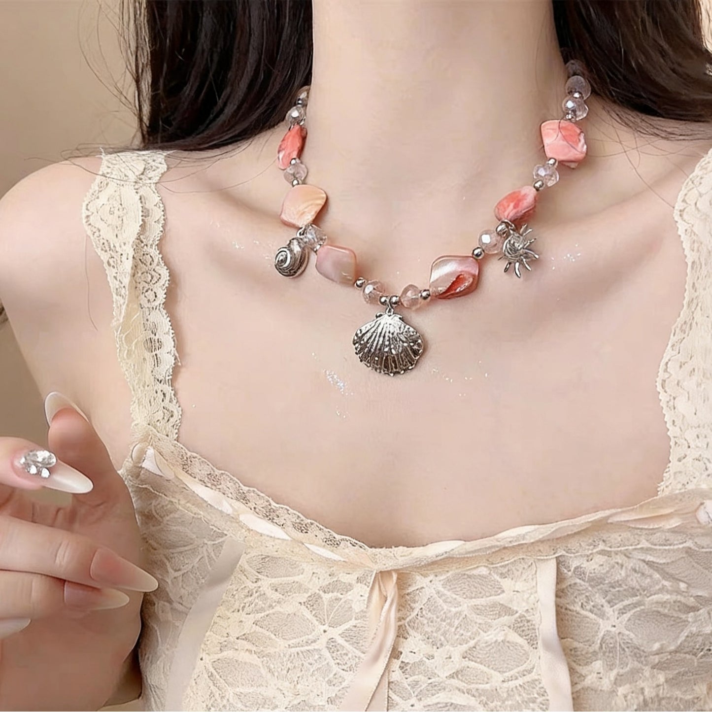 Vacation Style Blue Crystal String Beads Starfish Female Sweet Cute Necklace