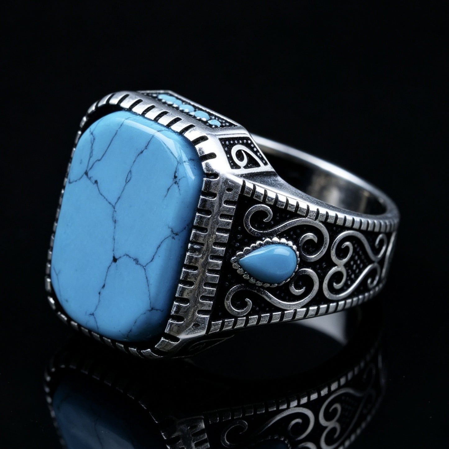 Men's Russian Turquoise Blue Diamond Retro Simple Ring