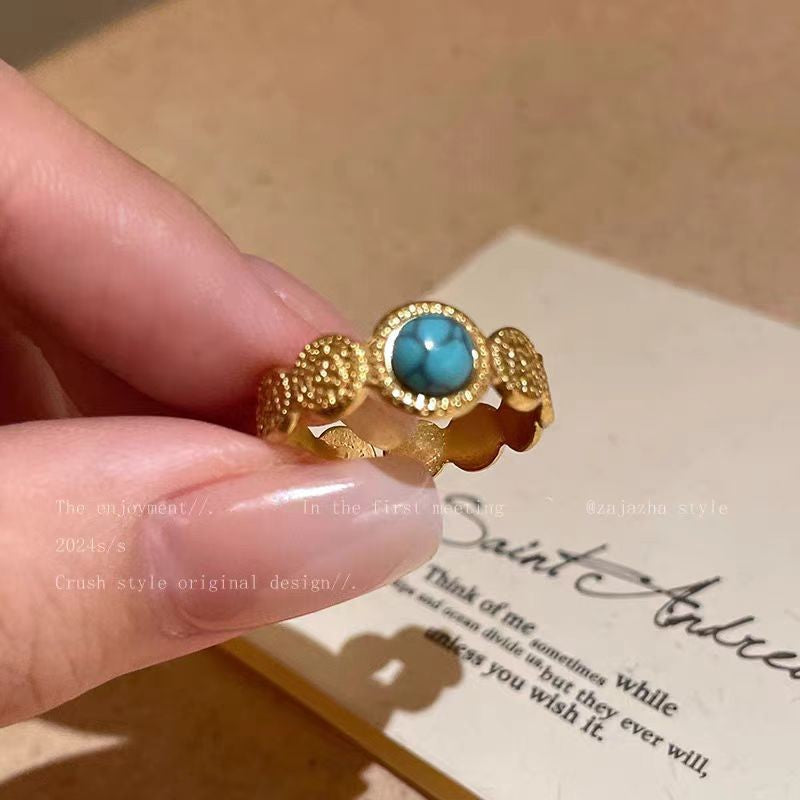 Personality Vacuum Plating Golden Flower Turquoise Ring