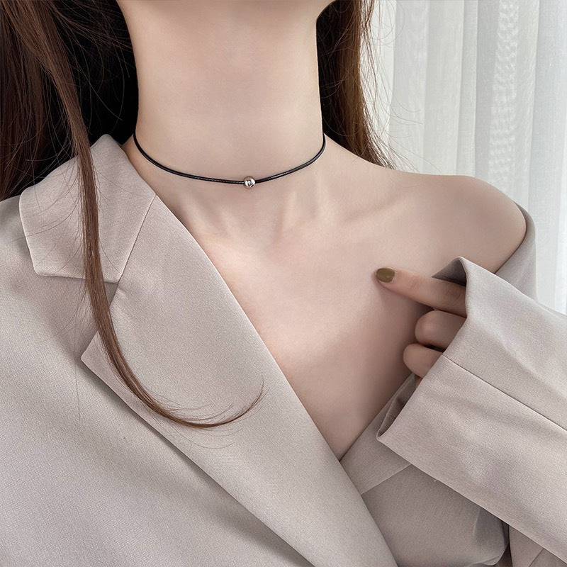 Women's Simple String Steel Ball Short Leather Rope Titanium Necklaces