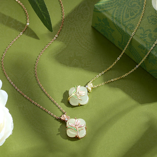 Women's Magnolia Clover Jade Sterling Sier National Style Chinese Summer Necklaces