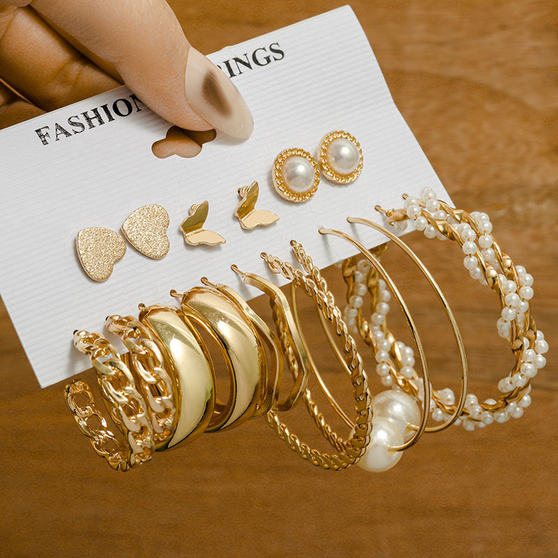 Women's Retro Gold Geometric Suit Fashion Pearl With Earrings