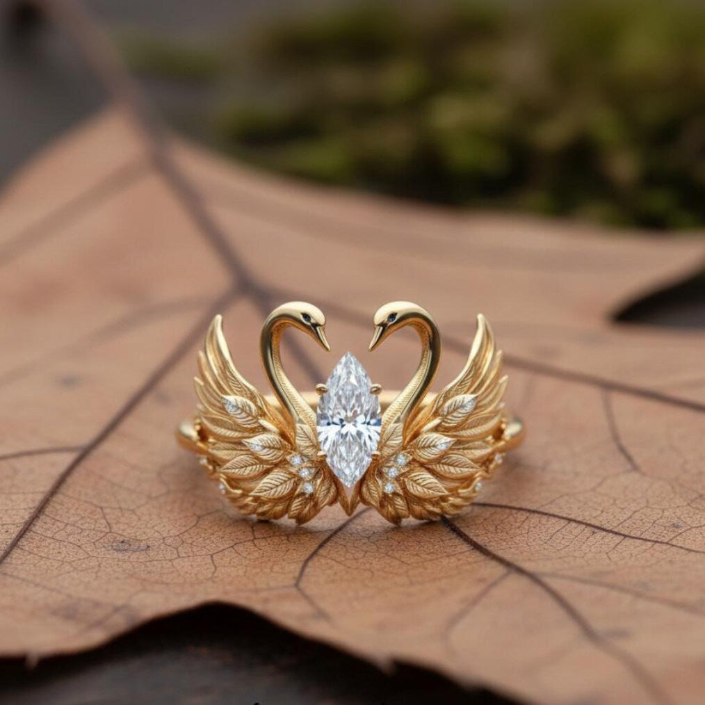 Swan Wings Engagement Horse Eye Zircon Unique Bird Wedding Full Ring
