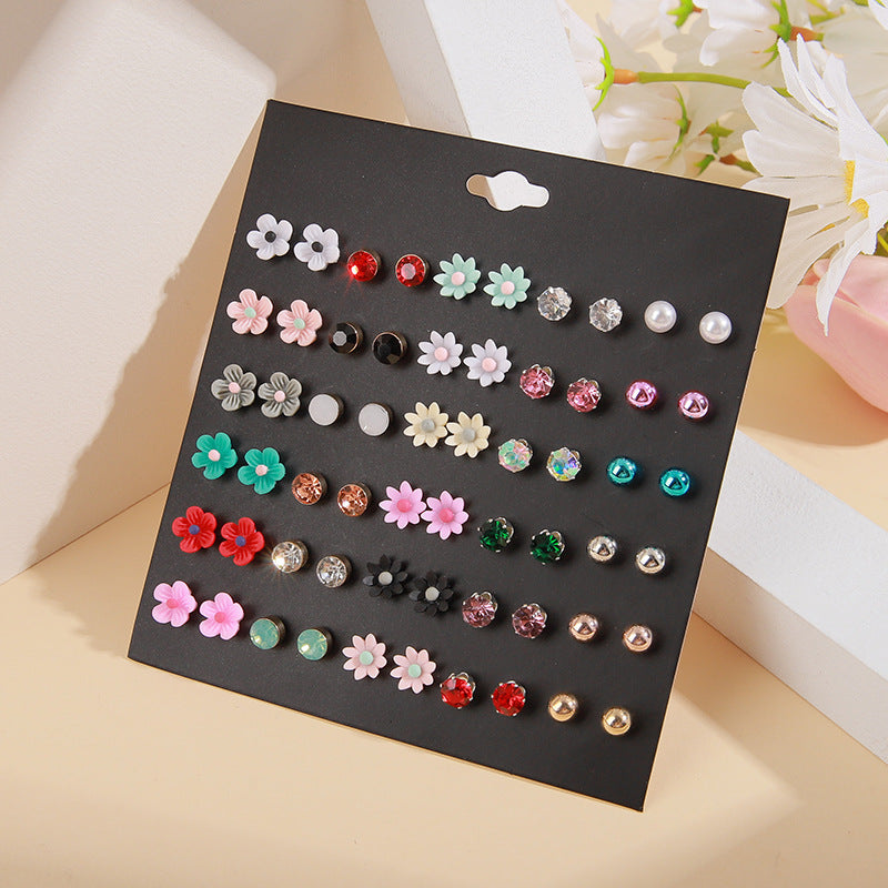 Women's Temperament Wild Pairs Colorful Rhinestone Resin Flower Earings Creative Earrings