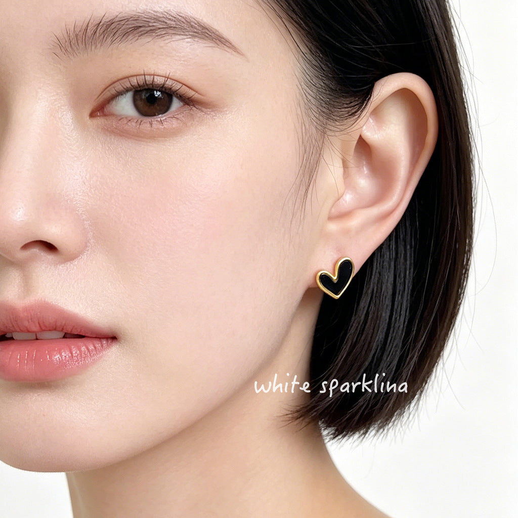 Daily Commuter Style Sier Plated Needle Love Heart Black White Stud Earrings