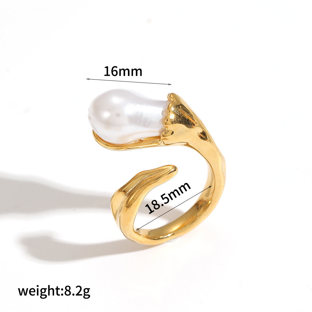 Steel Open Personality Adjustable Imitation Pearl Ring