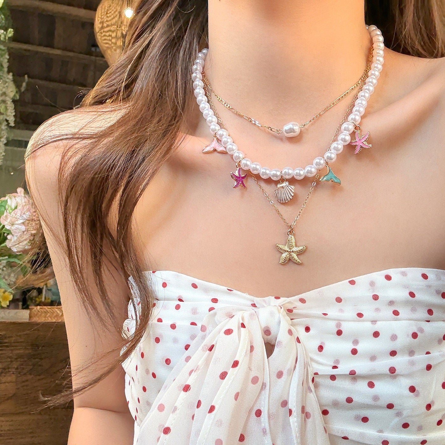 Colorful Island Starfish Pearl Seaside Vacation Style Clavicle Chain Necklace