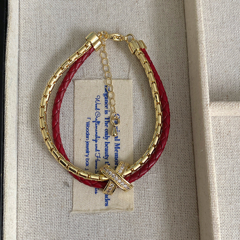 Double Layer Leather Cord Female Stitching Design Sense Micro Inlaid Bracelet