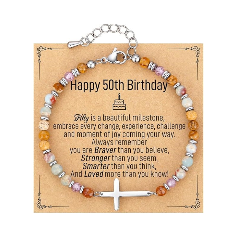 Women's Natural Stone Beaded Cross Lobster Buckle Adjustable Band Bracelet