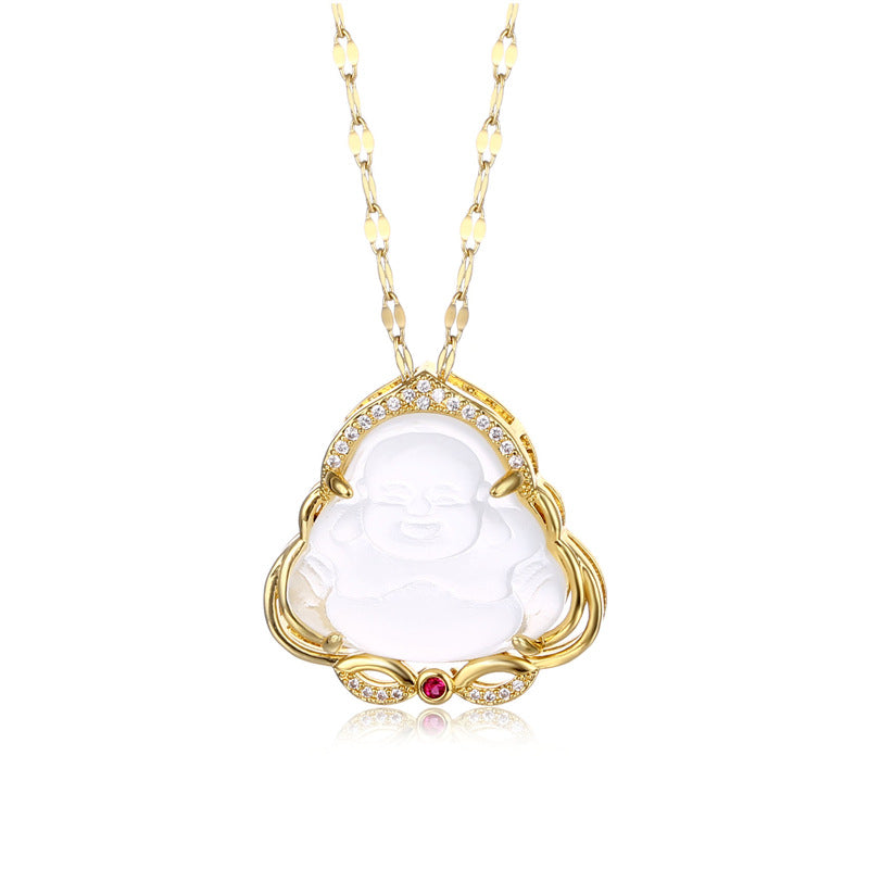 Chalcedony Small Buddha Ancient Gold Inlaid Zircon Female Necklaces