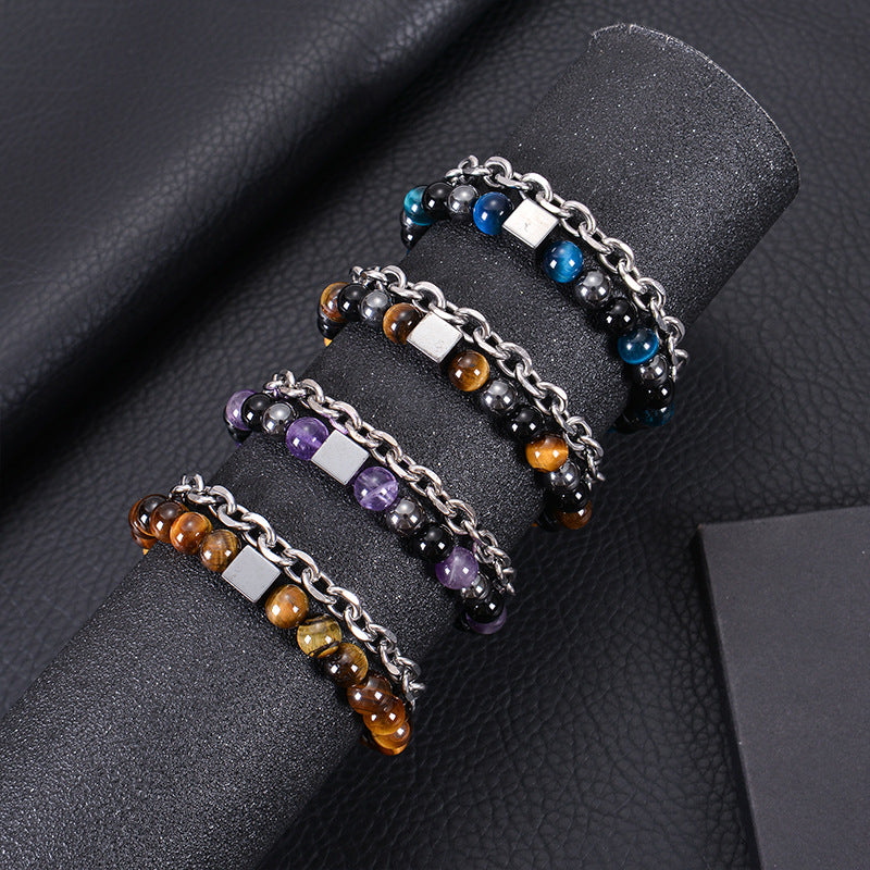 Men's Stainless Steel Square Black Magnet Beaded Bracelet