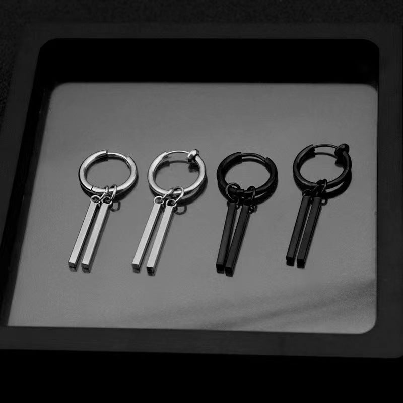 Men's Stainless Steel Double Stick Rectangular Long Bar Niche High Sense Earrings