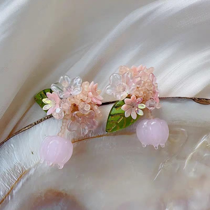 Dopamine Beaded Flower Bud Mori Sweet Artistic Temperament Stud Earrings