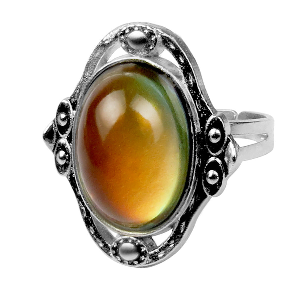 Women's Retro Oval Round Gem Temperature Change Rings