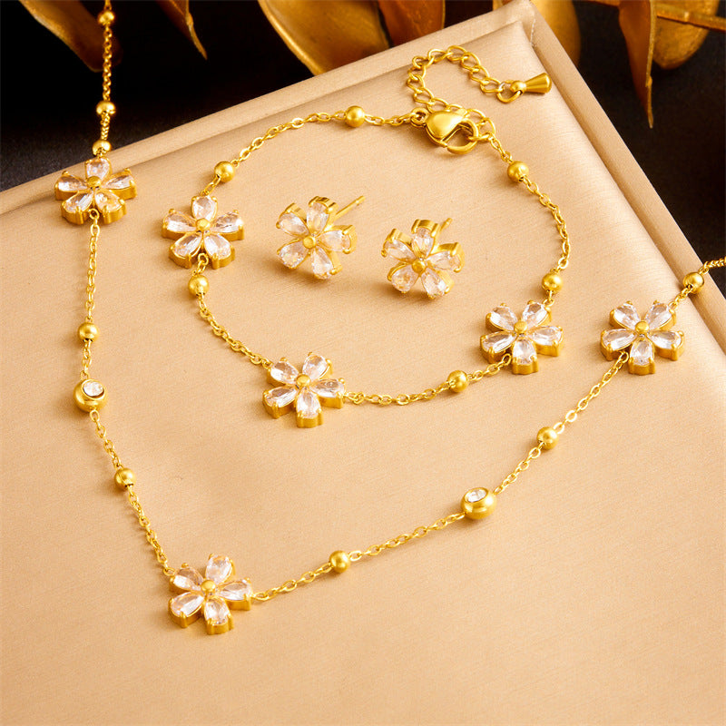 Exquisite Gold-plated Stainless Steel Love Pearl Flower Butterfly Jewelry Set