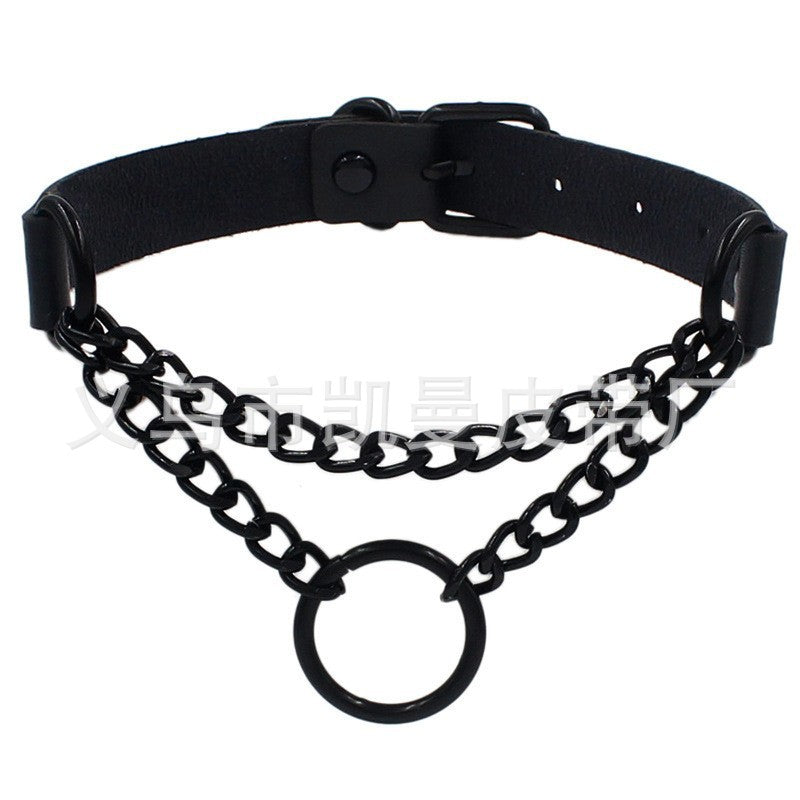 Leather Neckband Street Shot Black Chain Neck Strap Collar