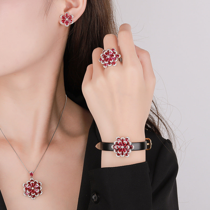 Women's Flower Advanced Light Luxury Three-piece Suit Jewelry Set