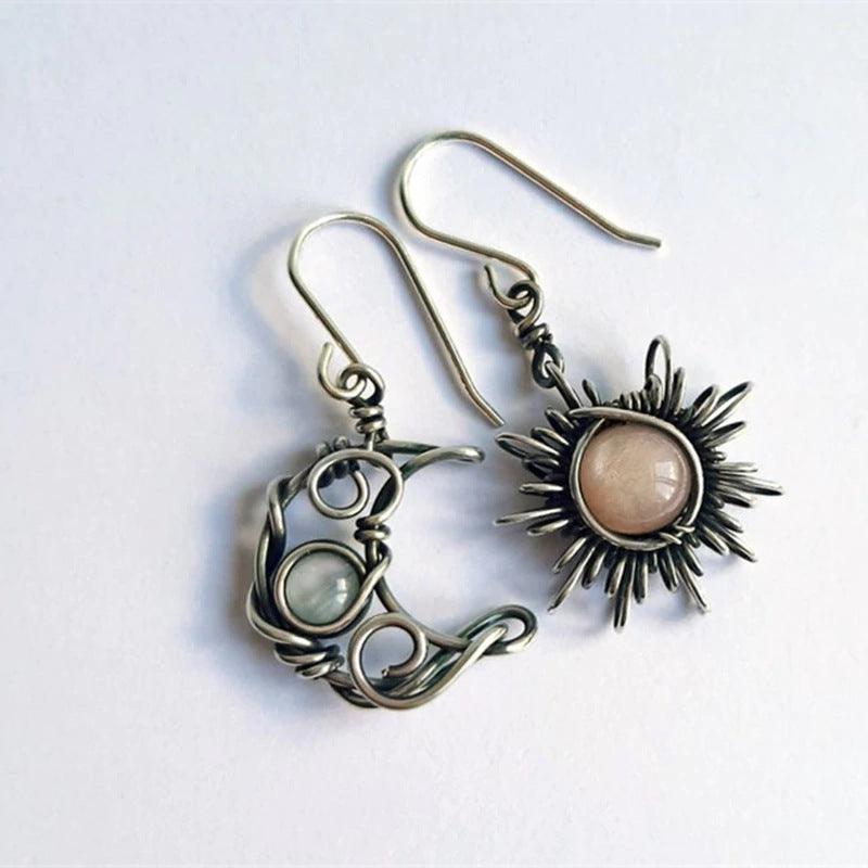 Bohemian Sun Moon Fashion Moonstone Asymmetric Earrings