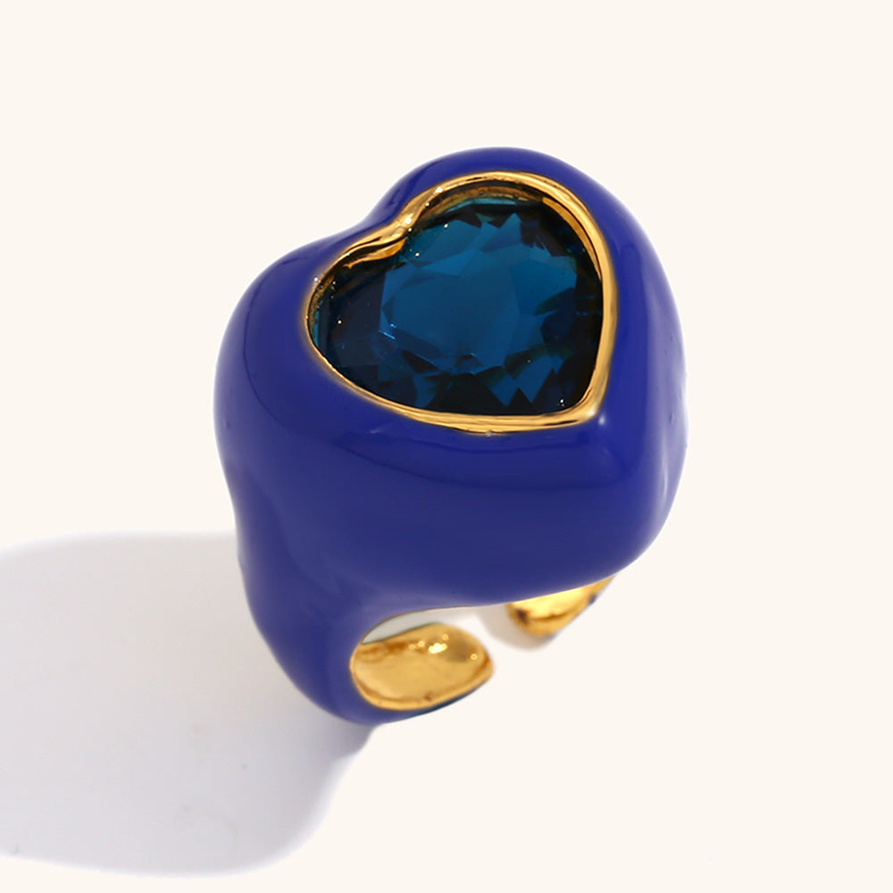 Simple Fresh Stainless Steel Gold-plated Cut Zircon Heart Rings