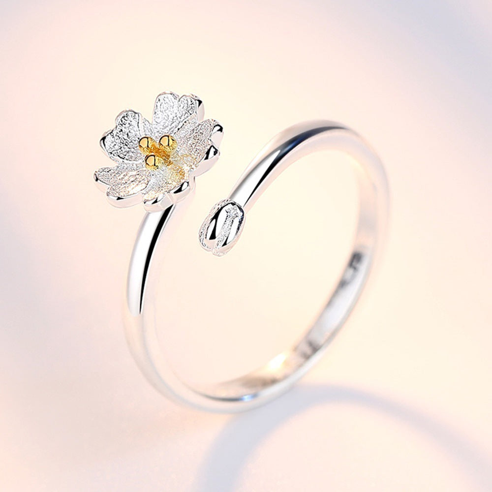Open Mouth Sier Plated Female Flower Fashion Sweet Adjustable Rings