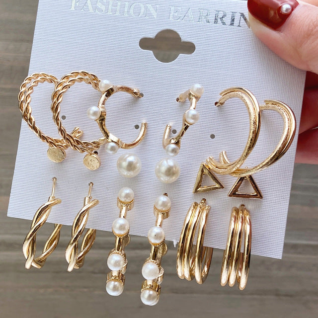 Suit Geometric Metal Pearl Diamond Pair Storage Ear Earrings