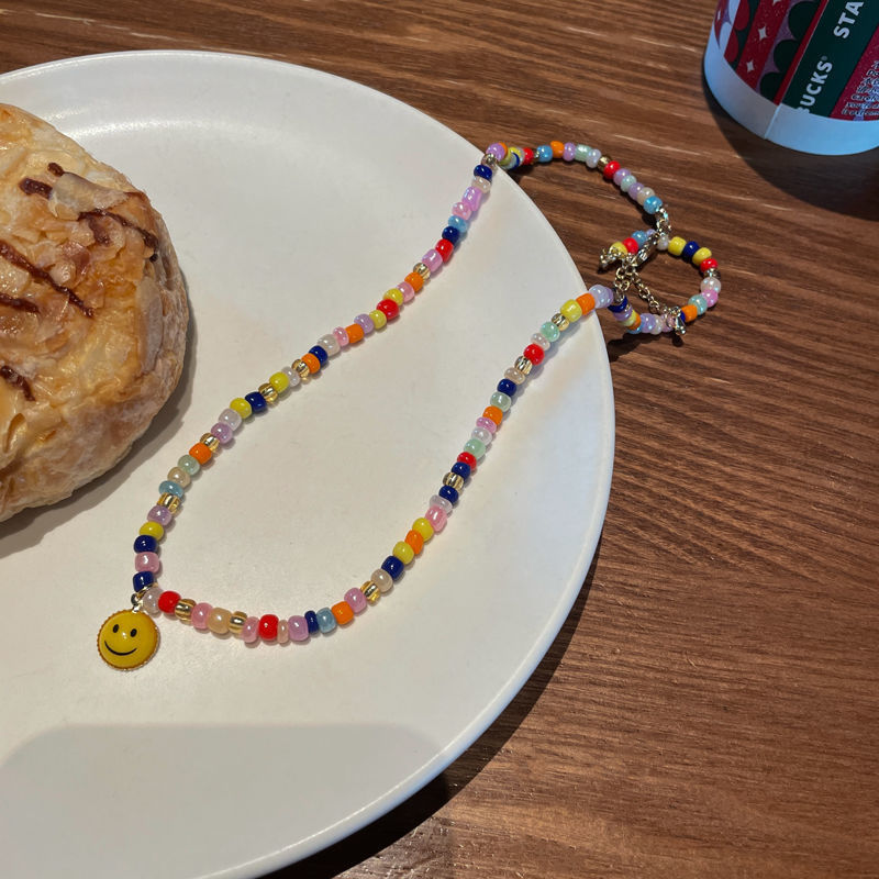 Style Rainbow Color Beads Stringed Smiley Necklaces
