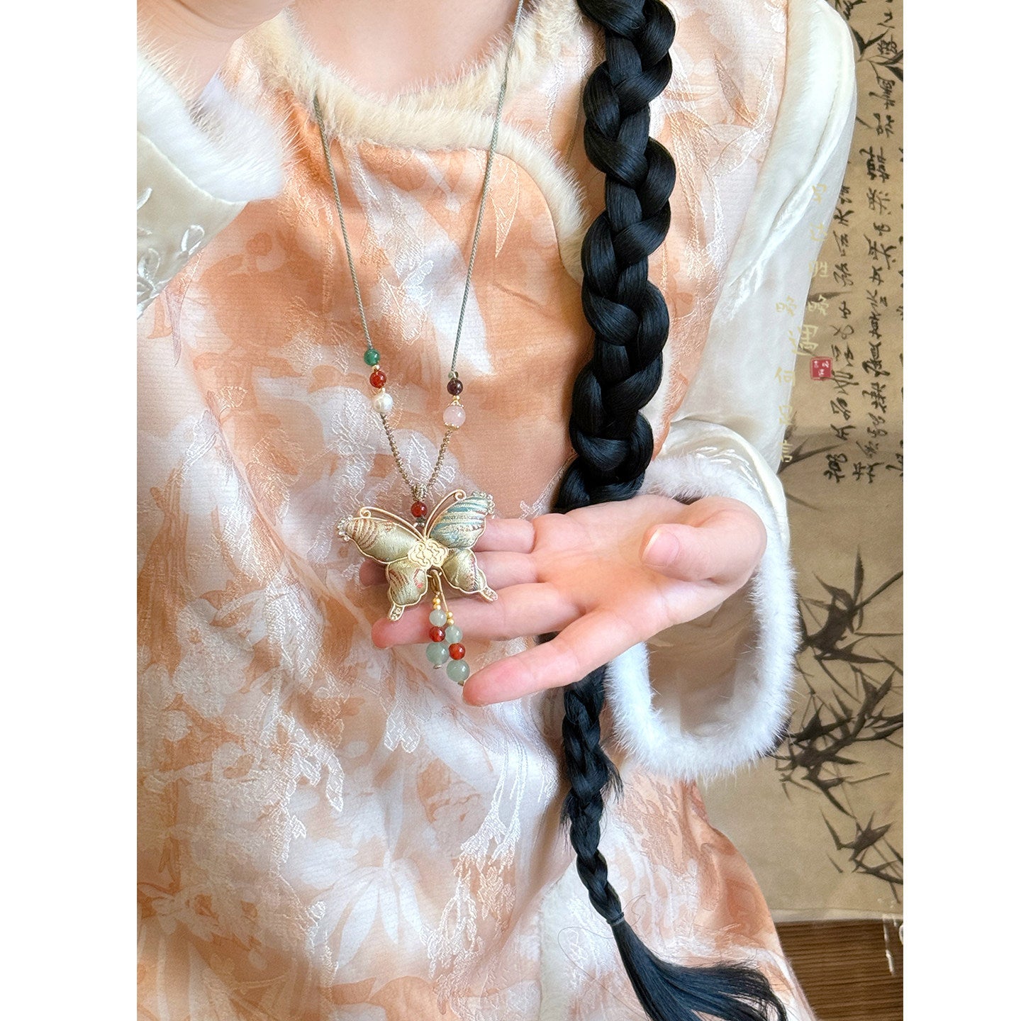 Women's Dynasty Brocade Butterfly Tassel Chinese Style Long Sweater Chain National Necklace