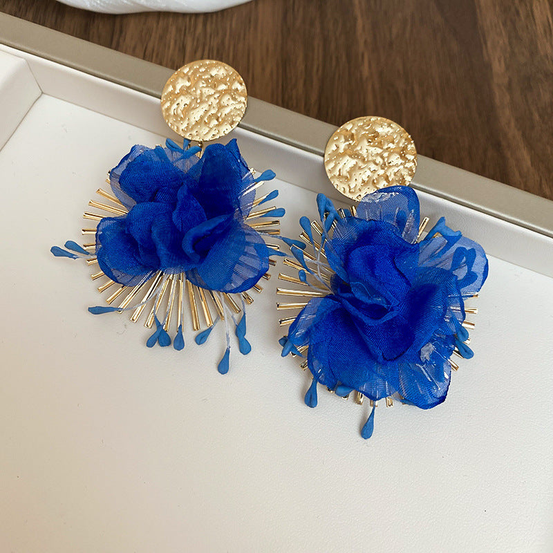 Women's Fresh Blue Fabric Flower Tassel Seaside Vacation Style Light Stud Earrings