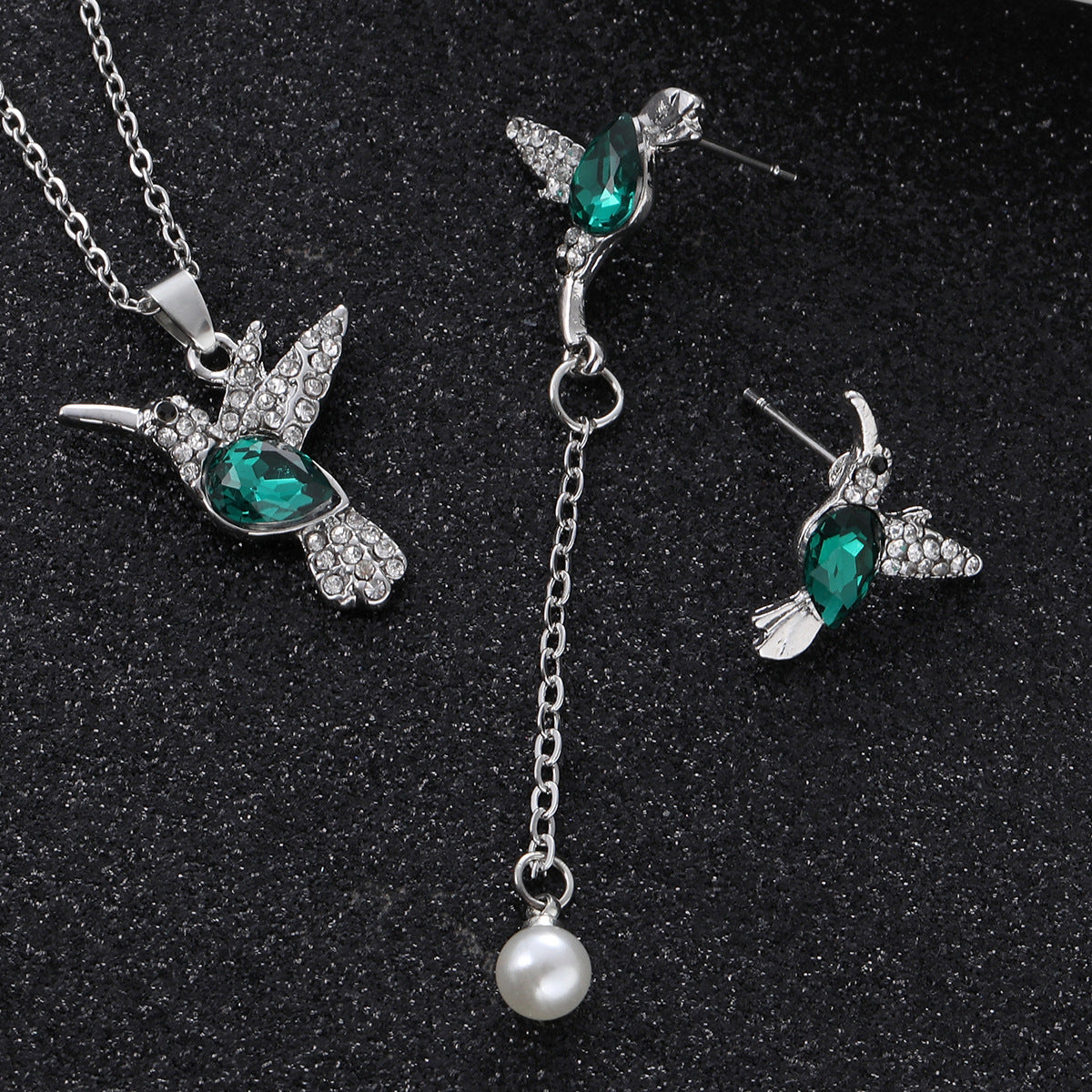 Women's Bird Wings Flying Water Drop Crystal Pearl Tassel Two-piece Clavicle Jewelry Set