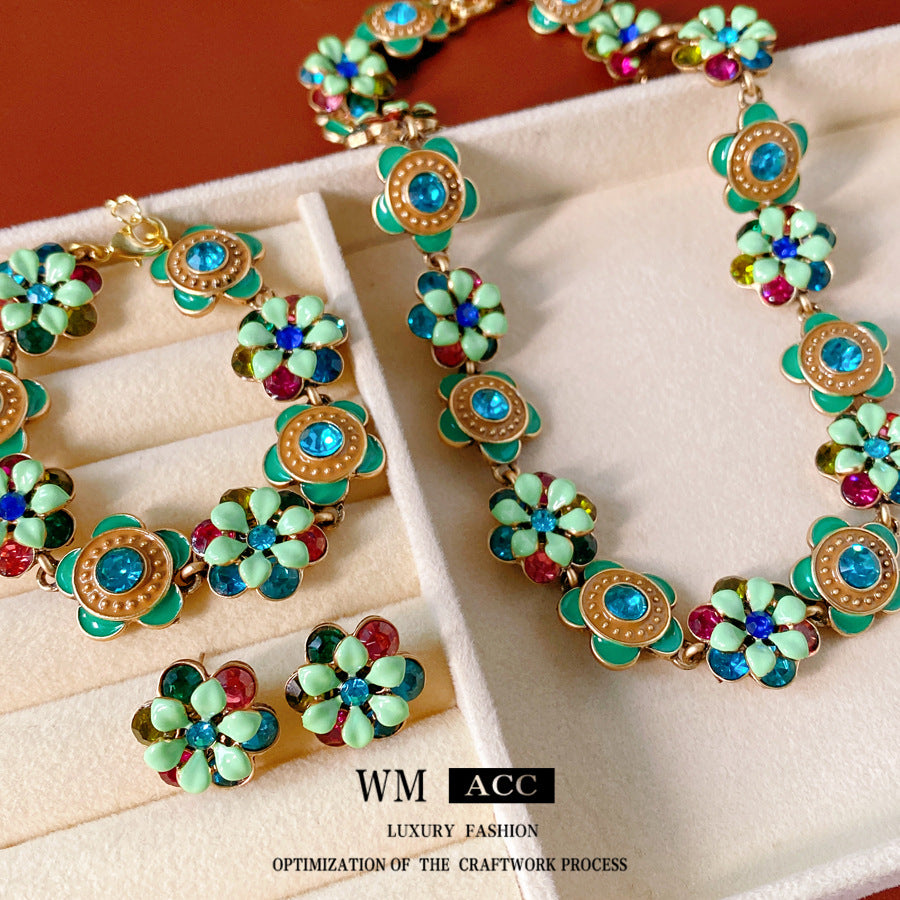 Women's Middle Ancient Diamond Glaze Flowers Light Luxury Minority Clavicle Chain Jewelry Set