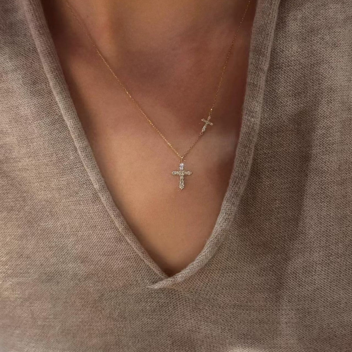 Women's Sier-plated Gold Double Cross Flash Exquisite Simple High-grade Sense Necklace