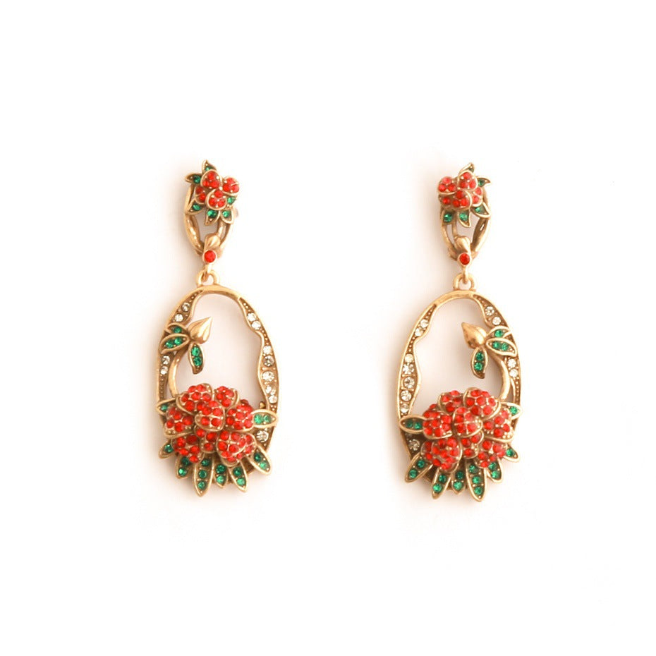 Real Gold Gaanized Enamel Diamond Retro Earrings