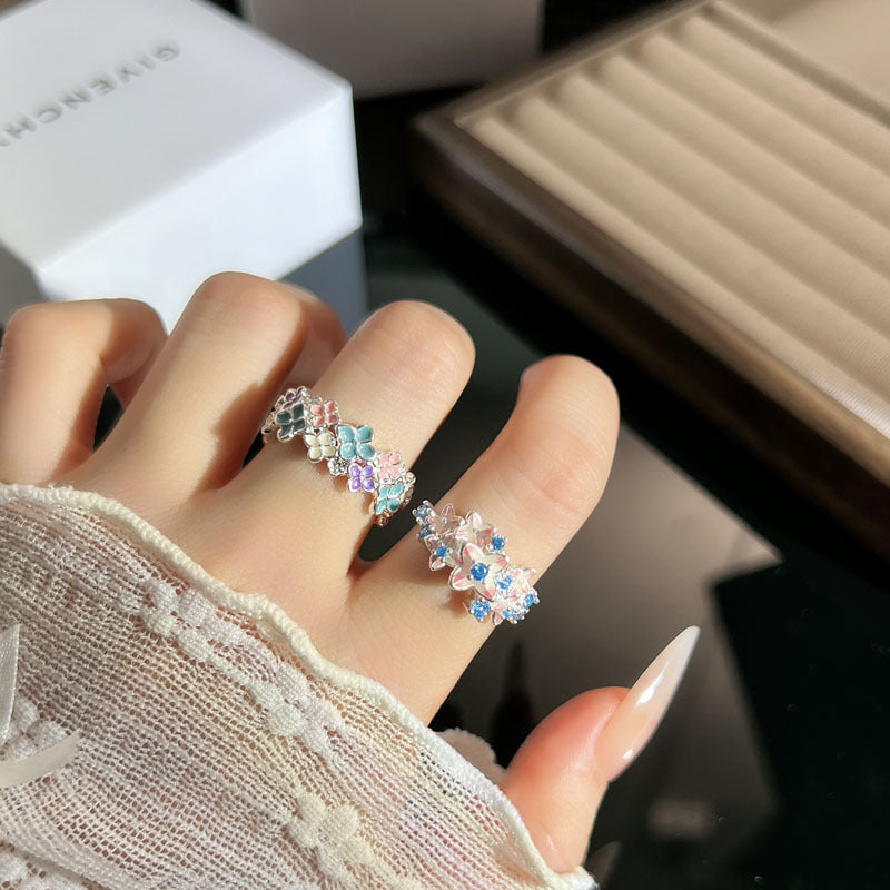 Sweet Style Colored Glaze Flower Twin Open Female Niche Design Ring