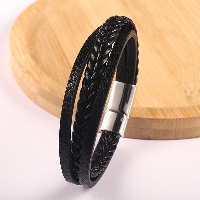 Men's Vintage Cattle Leather Alloy Woven Brace Bracelet