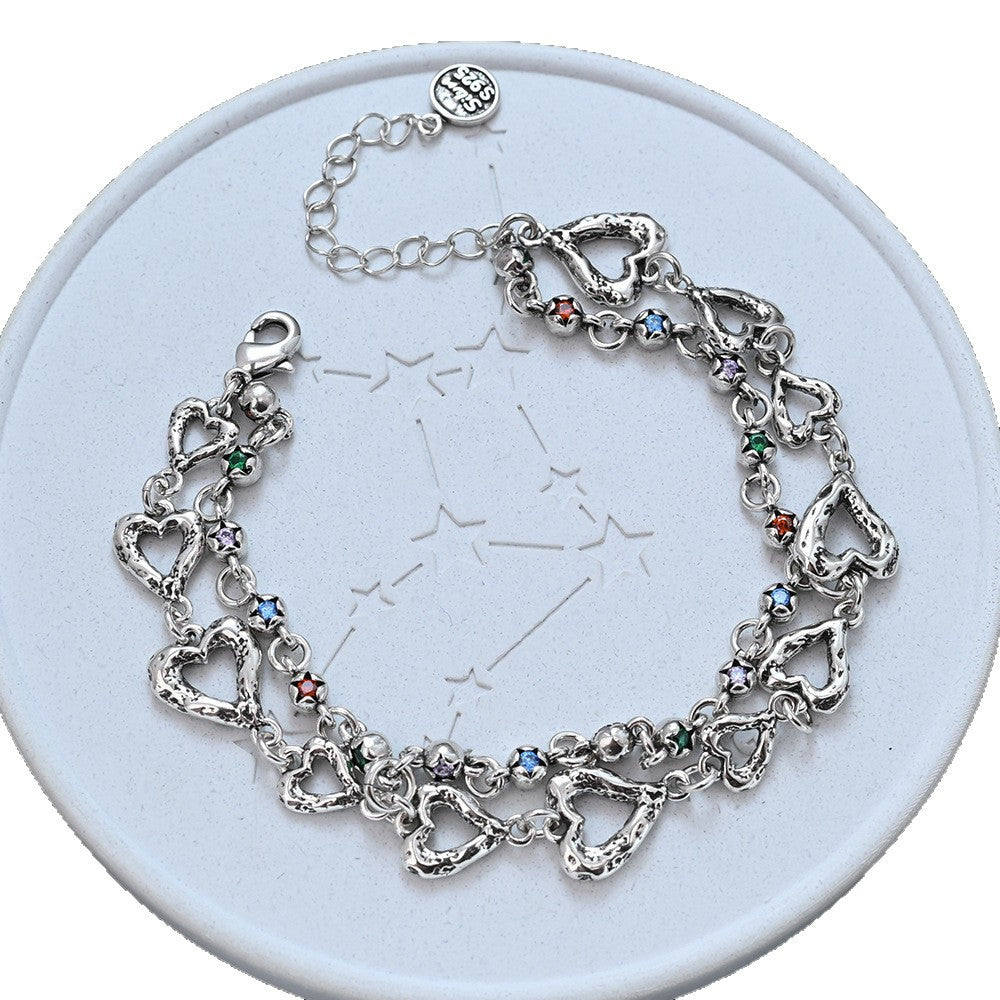 Retro Colorful Zircon Five-pointed Star Heart Niche Temperament Double Layer Bracelets