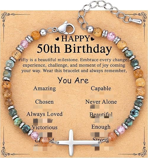 Women's Natural Stone Beaded Cross Lobster Buckle Adjustable Band Bracelet
