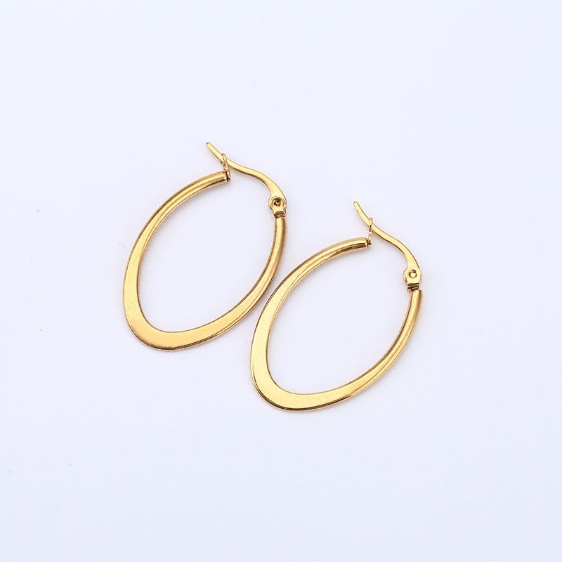 Gold Ear Clip Titanium Steel Flat Oval Long Earrings