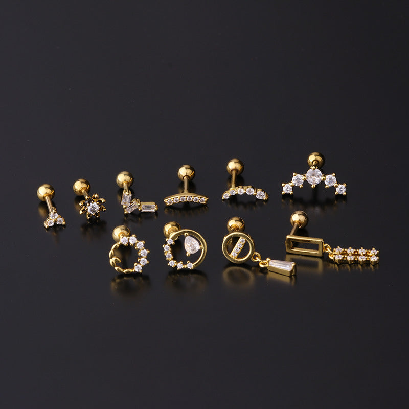 Stainless Steel Piercing Zircon Ear Bone Popular Screw Twist Ball Stud Earrings