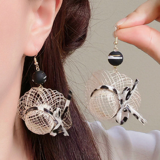 Vacation Style Chic Straw Hat Leopard Bow Niche Retro Design Earrings