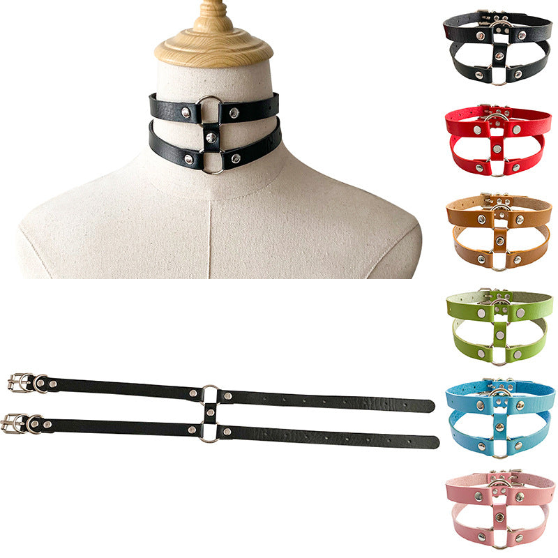 Mirror Gothic Style Leather Double Row Circle Simple Necklaces