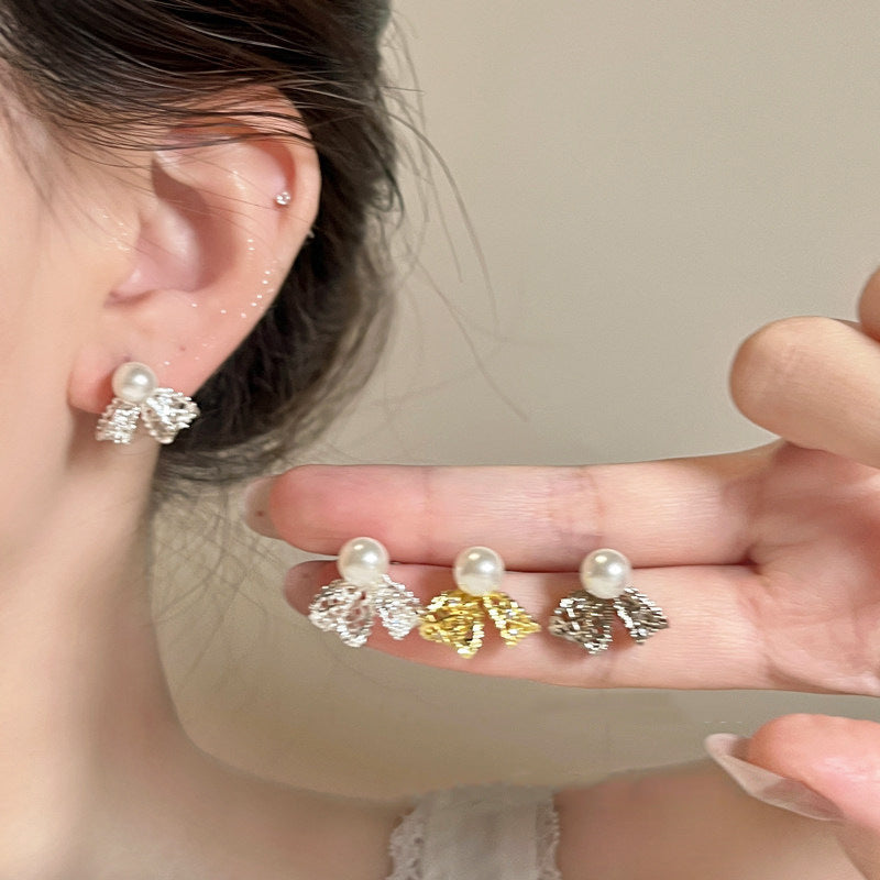 Women's French Style Super Fairy Lace Bow Pearl High-grade Earrings