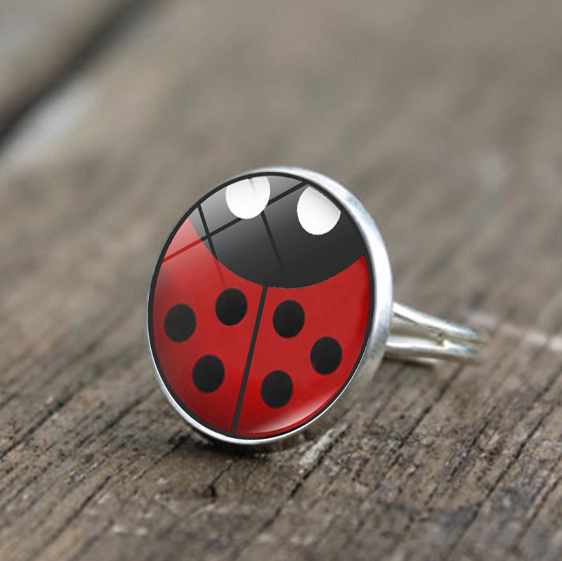 Round Polka Dot Time Stone Cartoon Anime Ladybug Brush Printed Ring