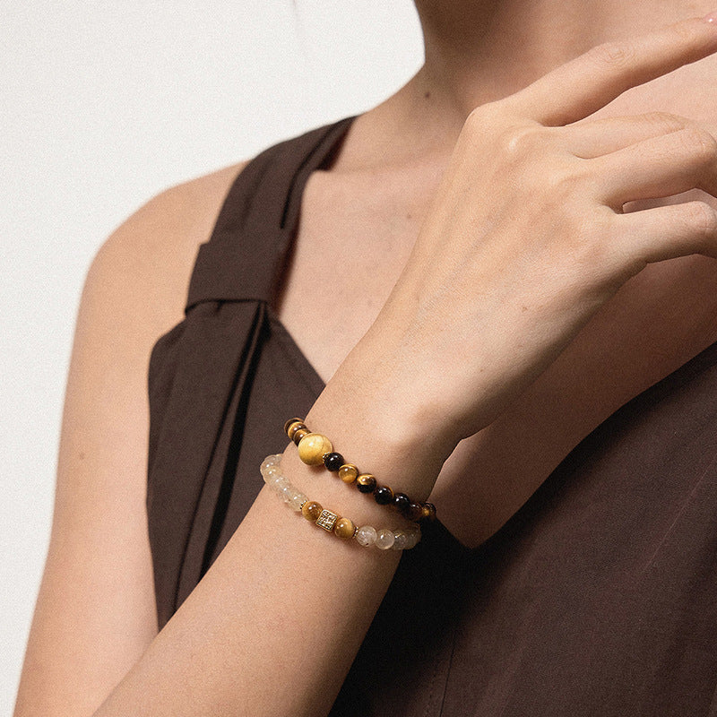 Natural Yellow Tiger's Eye Double National Style Twin Gold Rutilated Bracelet