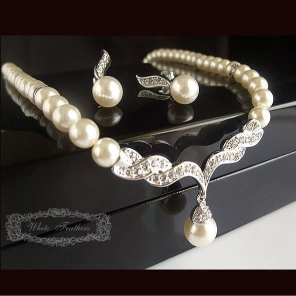 Korean Style Bridal Pearl Diamond Suite Two-piece Jewelry Set