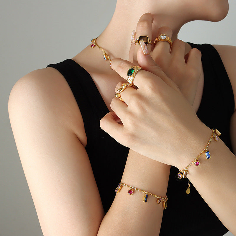 Korean Style Personalized Trendy Niche Popular Colorful Zircon Gold Jewelry Set