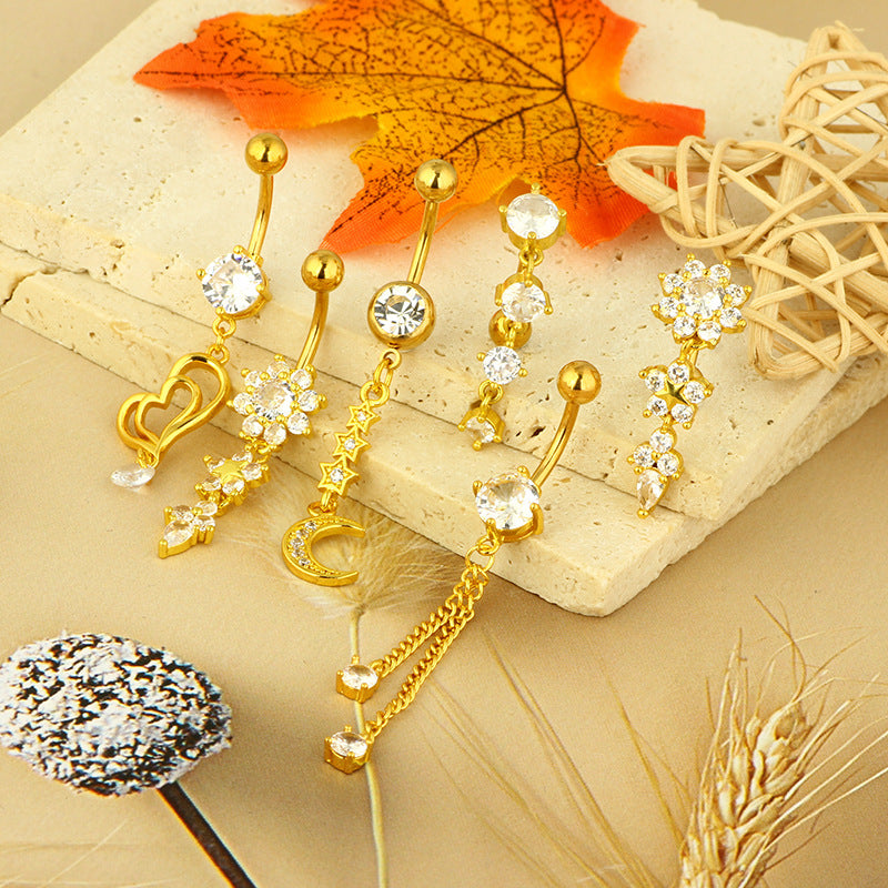 Zircon Navel Piercing Golden Heart Buckle Stud Earrings